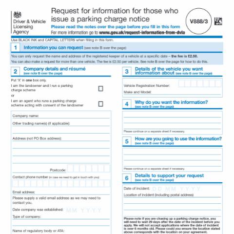 Document preview: Request information if your company issues parking or trespass charge notices (form V888/3) — Driver and Vehicle Licensing Agency, United Kingdom