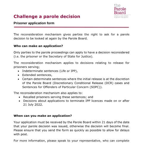 Document preview: Challenge a parole decision - prisoner application form — Parole Board, United Kingdom