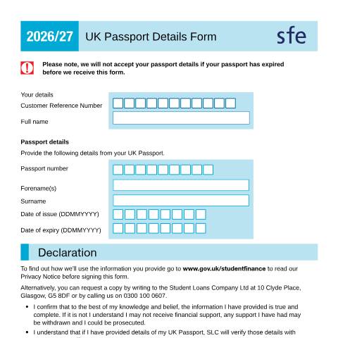 Document preview: UK passport details form — Student Loans Company, United Kingdom
