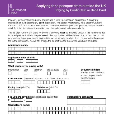 Document preview: Applying for a passport from outside the UK - payment instruction form — HM Passport Office, United Kingdom