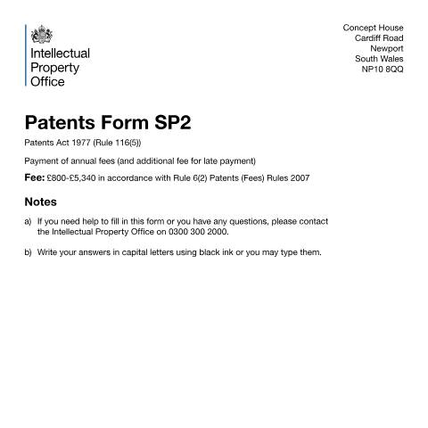 Document preview: Payment of annual fees (and additional fee for late payment) — Intellectual Property Office, United Kingdom