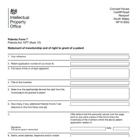 Document preview: Statement of inventorship and of right to grant of a patent — Intellectual Property Office, United Kingdom
