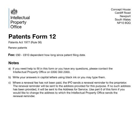 Document preview: Renewal fee — Intellectual Property Office, United Kingdom