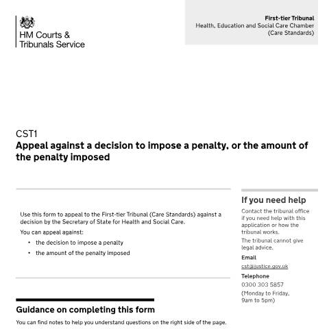 Document preview: Appeal against a decision to impose a penalty, or the amount of the penalty imposed: Form CST1 — HM Courts & Tribunals Service, United Kingdom
