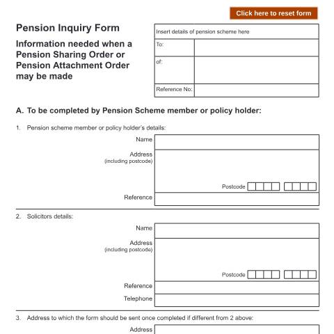 Document preview: Pension inquiry form with information needed when a Pension Sharing Order or Pension Attachment Order may be made: Form P — HM Courts & Tribunals Service, United Kingdom