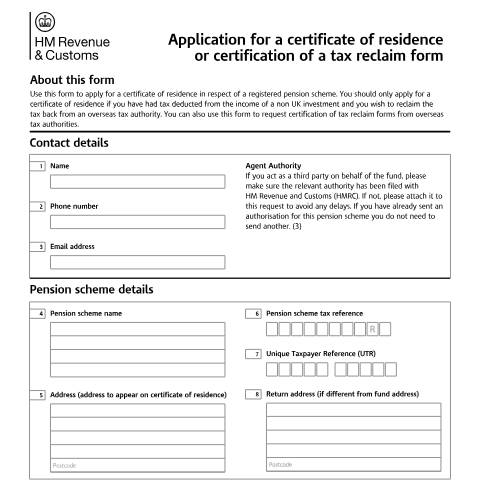 Document preview: Pension schemes: application for a certificate of residence or certification of a tax reclaim form (APSS146E) — HM Revenue & Customs, United Kingdom