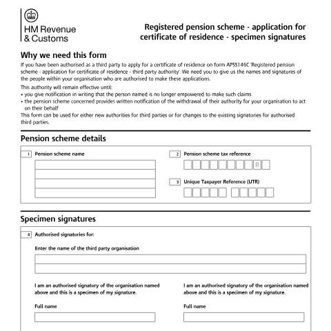 Document preview: Pension schemes: application for certificate of residence - specimen signatures (APSS146D) — HM Revenue & Customs, United Kingdom