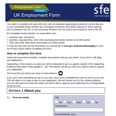 Document preview: 2023 to 2024 Postgraduate Doctoral UK employment form — Student Loans Company, United Kingdom