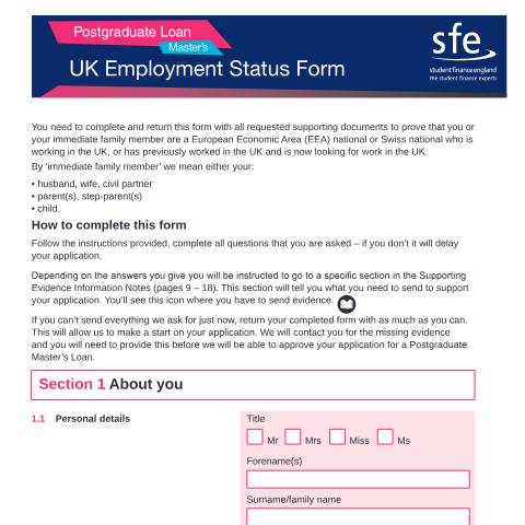 Document preview: 2021 to 2022 Postgraduate Master's UK employment form — Student Loans Company, United Kingdom