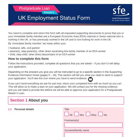 Document preview: 2022 to 2023 Postgraduate Master's UK employment form — Student Loans Company, United Kingdom