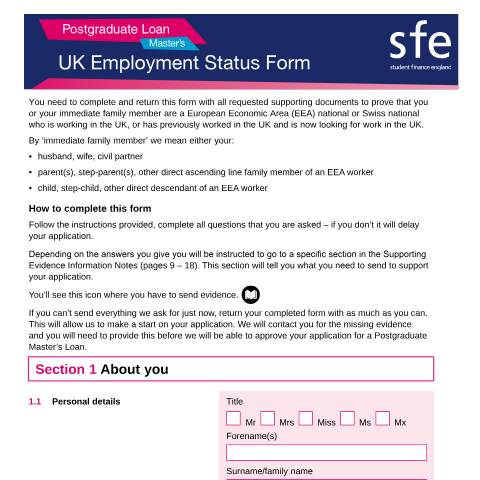 Document preview: 2023 to 2024 Postgraduate Master's UK employment form — Student Loans Company, United Kingdom