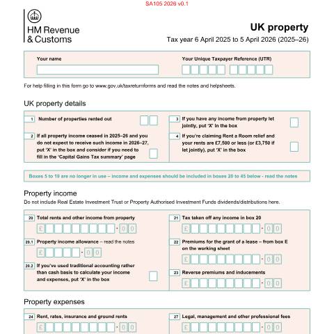 Document preview: Self Assessment: UK property (SA105) — HM Revenue & Customs, United Kingdom