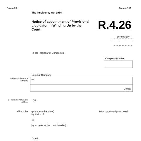 Document preview: Give notice of appointment of provisional liquidator (4.15A) — Companies House, United Kingdom