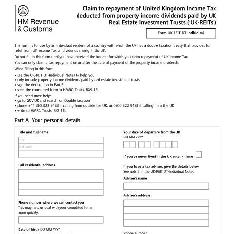 Document preview: Double Taxation: UK Real Estate Investment Trusts (Form UK-REIT DT-Individual) — HM Revenue & Customs, United Kingdom