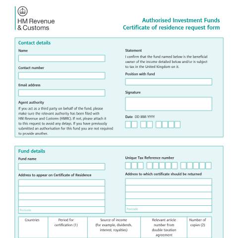 Document preview: Certificate of residence request (CISC9) — HM Revenue & Customs, United Kingdom