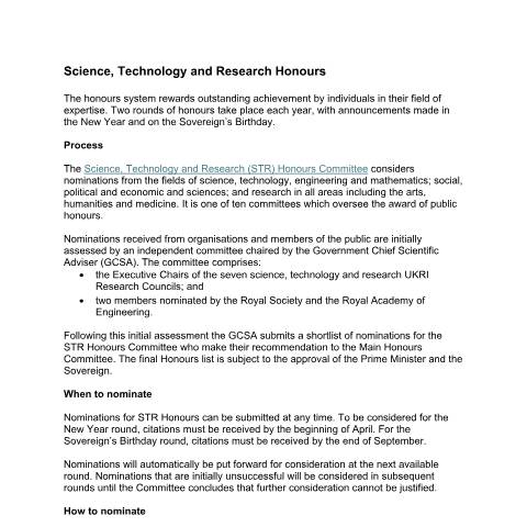 Document preview: Honours: science, technology and research – nomination form and guidance — Government Office for Science, United Kingdom