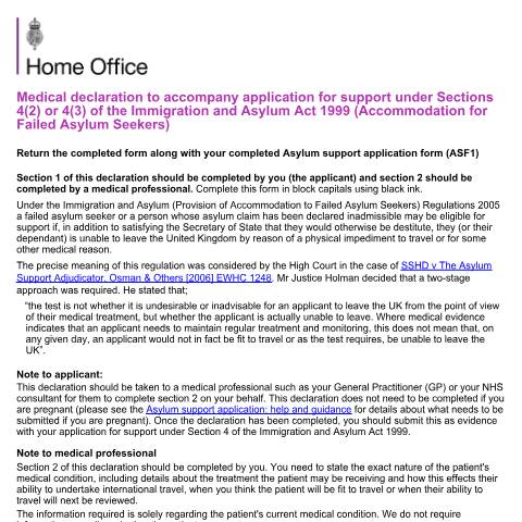 Document preview: Section 4(2) medical declaration — UK Visas and Immigration, United Kingdom