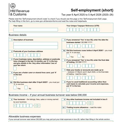 Document preview: Self Assessment: self-employment (short) (SA103S) — HM Revenue & Customs, United Kingdom