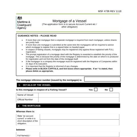 Document preview: Mortgage of ship to secure current account or obligation MSF 4736 — Maritime and Coastguard Agency, United Kingdom