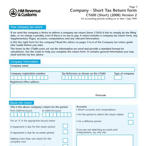 Document preview: Corporation Tax: Short Company Tax Return (CT600 (Short) (2008) Version 2) — HM Revenue & Customs, United Kingdom