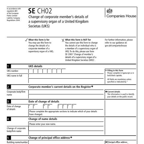 Document preview: Change of corporate member’s details of a supervisory organ of a UK societas (SE CH02) — Companies House, United Kingdom