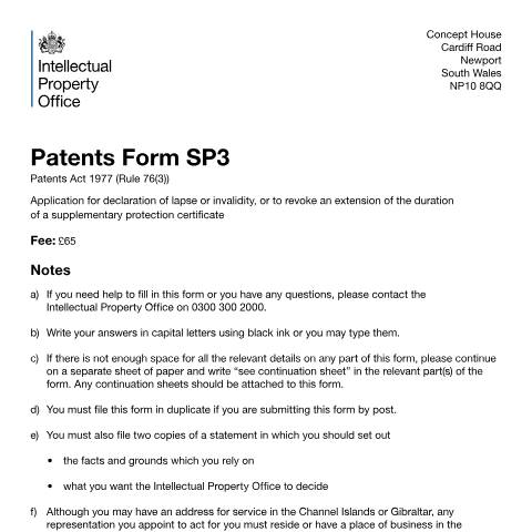 Document preview: Application to declare/lapse/invalidate/revoke supplementary protection certificate duration extension — Intellectual Property Office, United Kingdom