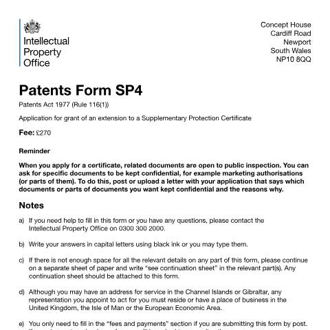 Document preview: Application for grant of an extension to a supplementary protection certificate — Intellectual Property Office, United Kingdom