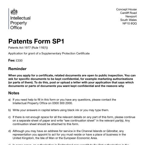 Document preview: Application for grant of a supplementary protection certificate — Intellectual Property Office, United Kingdom