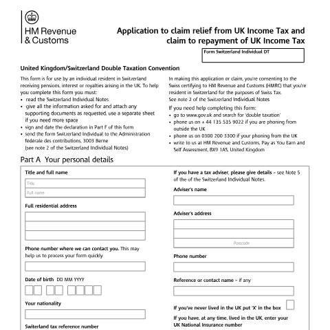 Document preview: Double Taxation: UK-Switzerland (Form Switzerland-Individual) — HM Revenue & Customs, United Kingdom