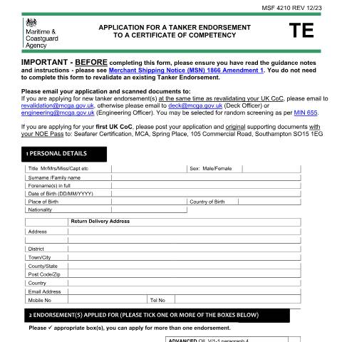 Document preview: How to apply for a UK tanker endorsement to a UK CoC — Maritime and Coastguard Agency, United Kingdom