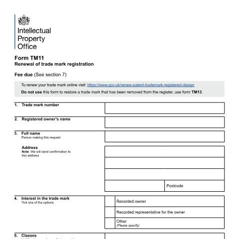 Document preview: Renewal of trade mark registration — Intellectual Property Office, United Kingdom