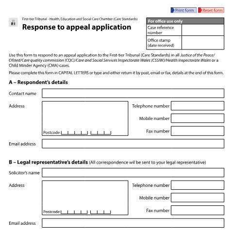 Document preview: Response to appeal application for Justice of the Peace, Ofsted, Care Quality Commission, Care and Social Services Inspectorate Wales, Health Inspectorate Wales or Child Minder Agency cases: Form CS R1 — HM Courts & Tribunals Service, United Kingdom