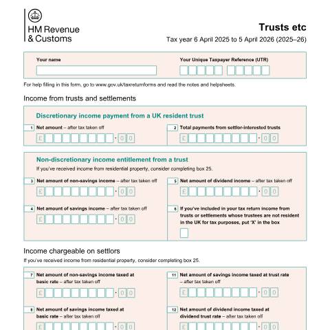 Document preview: Self Assessment: Trusts etc (SA107) — HM Revenue & Customs, United Kingdom