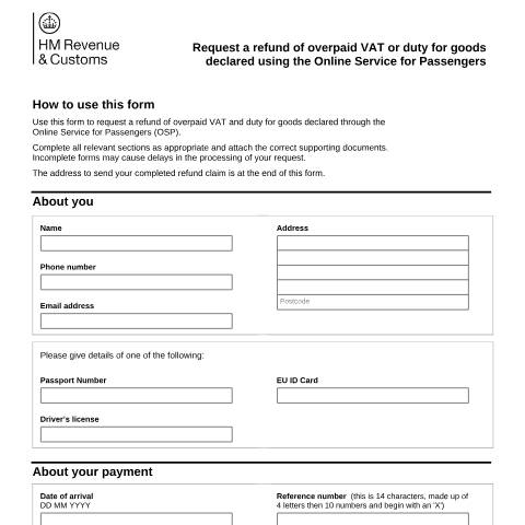 Document preview: Request a refund of overpaid VAT or duty for goods declared using the Online Service for Passengers — HM Revenue & Customs, United Kingdom