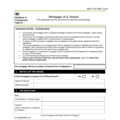 Document preview: Mortgage of ship to secure principal sum and interest MSF 4737 — Maritime and Coastguard Agency, United Kingdom