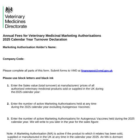 Document preview: Annual fees for marketing authorisation holders for veterinary medicines — Veterinary Medicines Directorate, United Kingdom