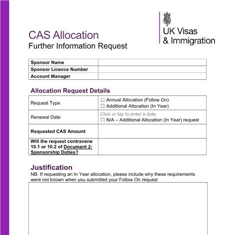 Document preview: CAS allocation further information request form — UK Visas and Immigration, United Kingdom