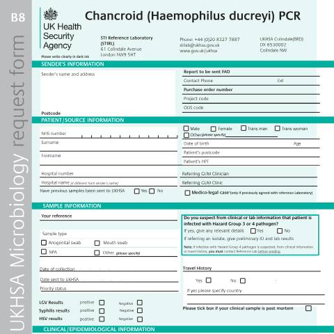 Document preview: B8: Chancroid (Haemophilus ducreyi) molecular request form — UK Health Security Agency, United Kingdom