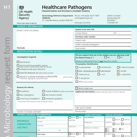 Document preview: Healthcare pathogens request form: multiple isolates — UK Health Security Agency, United Kingdom
