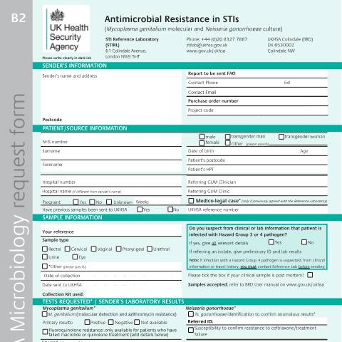 Document preview: B2: Neisseria gonorrhoeae isolate and Mycoplasma genitalium referral form — UK Health Security Agency, United Kingdom