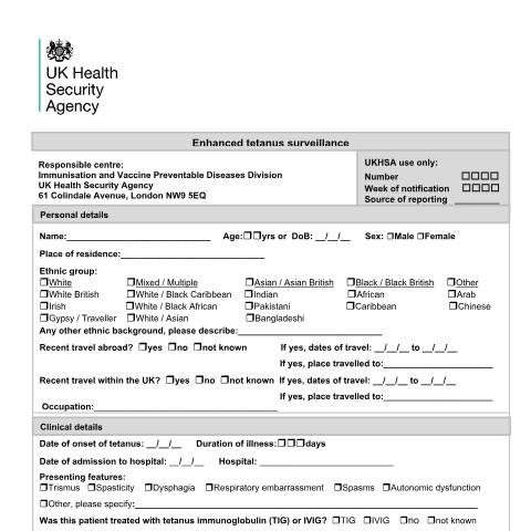 Document preview: Tetanus: enhanced surveillance questionnaire — UK Health Security Agency, United Kingdom