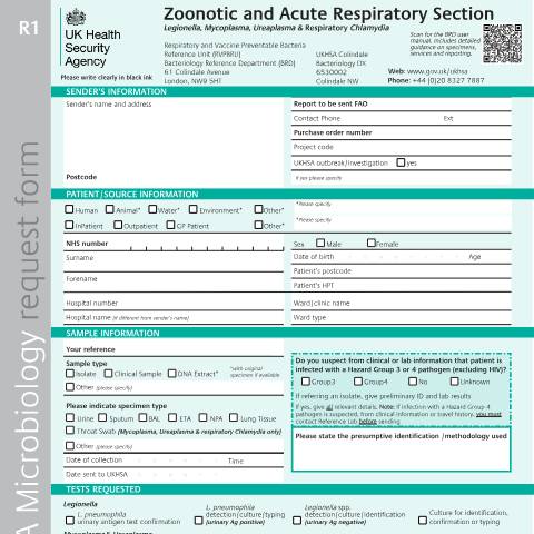 Document preview: Zoonotic and acute respiratory section: request form — UK Health Security Agency, United Kingdom
