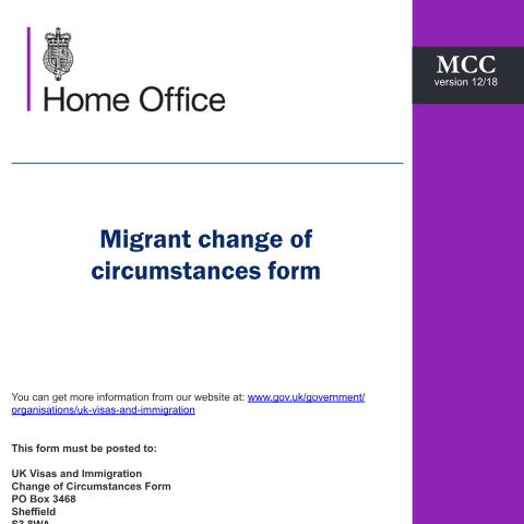 Document preview: Notification of change of circumstances: form MCC — UK Visas and Immigration, United Kingdom