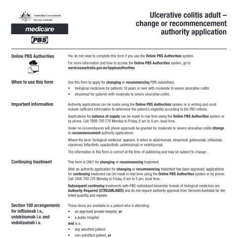 Document preview: Ulcerative colitis adult - change or recommencement authority application form (PB245) — Services Australia — Health professionals, Australia (CERFA n°PB245)