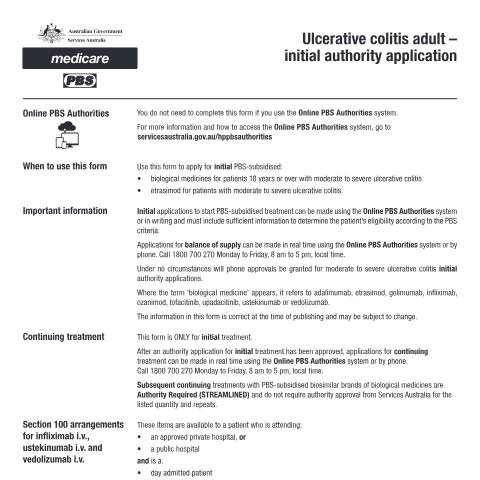Document preview: Ulcerative colitis adult - initial authority application form (PB127) — Services Australia — Health professionals, Australia (CERFA n°PB127)
