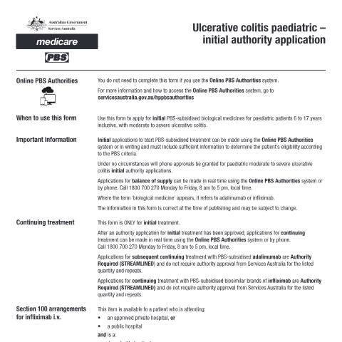 Document preview: Ulcerative colitis paediatric - initial authority application form (PB215) — Services Australia — Health professionals, Australia (CERFA n°PB215)