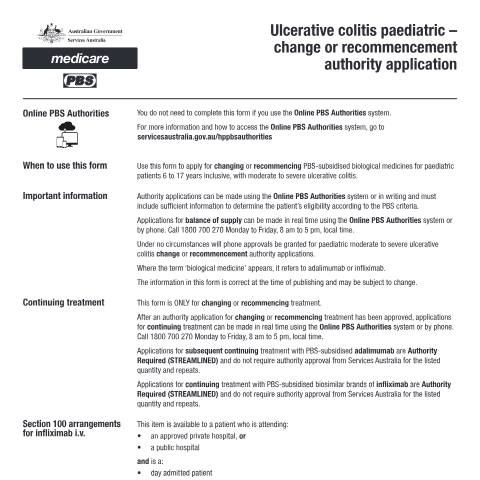 Document preview: Ulcerative colitis paediatric - change or recommencement authority application form (PB246) — Services Australia — Health professionals, Australia (CERFA n°PB246)
