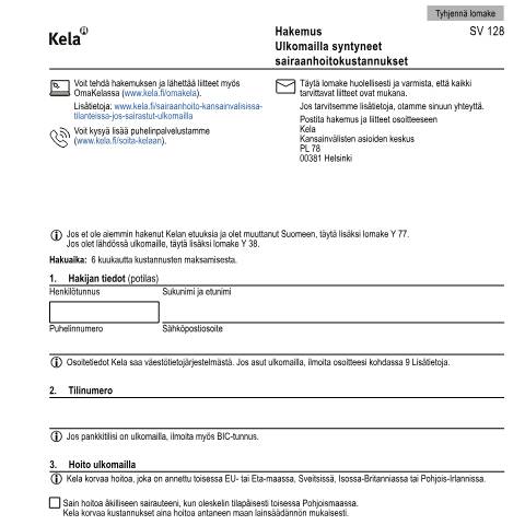 Document preview: Hakemus - Ulkomailla syntyneet sairaanhoitokustannukset — Sairastaminen, Suomi (CERFA n°Kela SV 128)