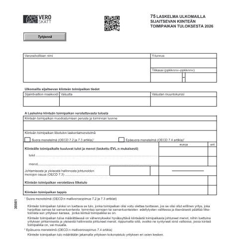 Document preview: 75 Laskelma ulkomailla sijaitsevan kiinteän toimipaikan tuloksesta (3098) — 75 Laskelma ulkomailla sijaitsevan kiinteän toimipaikan tuloksesta (3098), Suomi (CERFA n°Vero 3098)