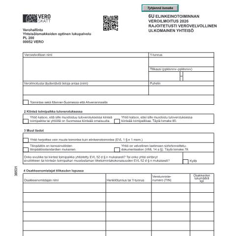 Document preview: 6U Elinkeinotoiminnan veroilmoitus – ulkomainen yhteisö (3053) — 6U Elinkeinotoiminnan veroilmoitus – ulkomainen yhteisö (3053), Suomi (CERFA n°Vero 3053)